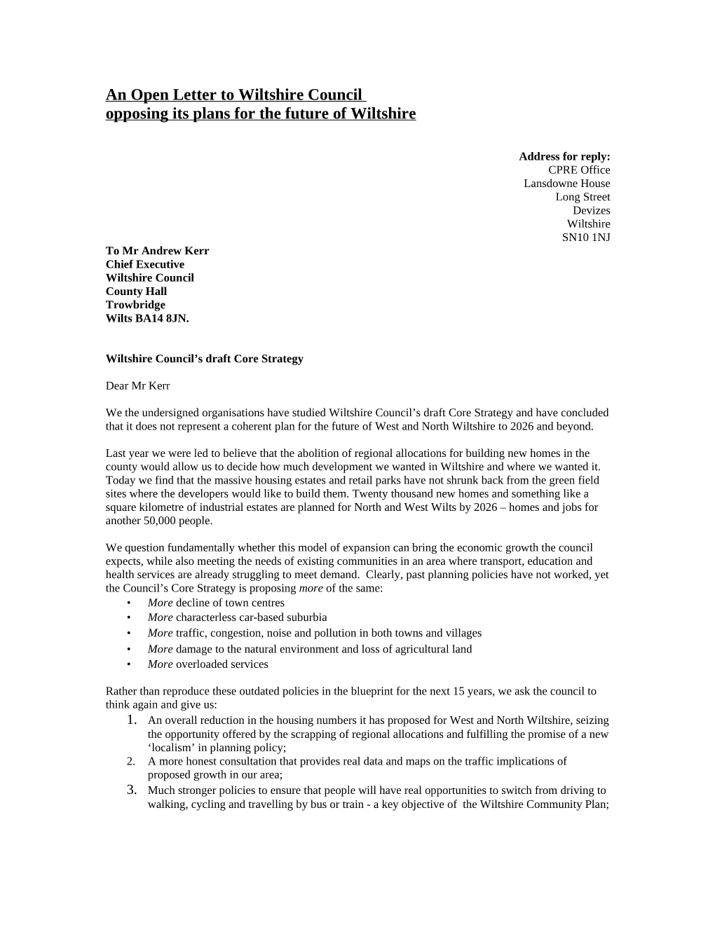 An Open Letter to Wiltshire Council Opposing Its Plans for the Future of Wiltshire