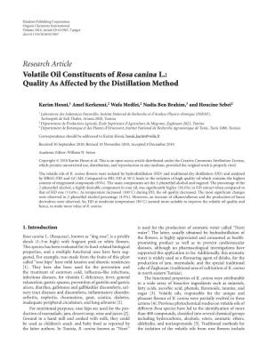 Research Article Volatile Oil Constituents of Rosa Canina L.: Quality As Affected by the Distillation Method