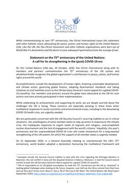 Statement on the 75Th Anniversary of the United Nations: a Call for Its Strengthening in the (Post) COVID-19 Era