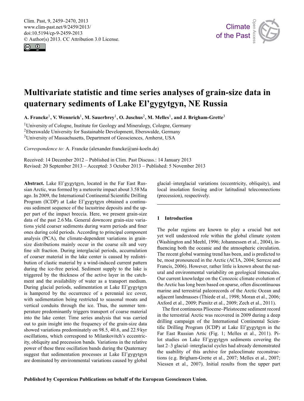 Multivariate Statistic and Time Series Analyses of Grain-Size Data in Quaternary Sediments of Lake El’Gygytgyn, NE Russia