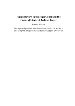 Rights Review in the High Court and the Cultural Limits of Judicial Power Robert Woods