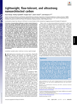 Lightweight, Flaw-Tolerant, and Ultrastrong Nanoarchitected Carbon