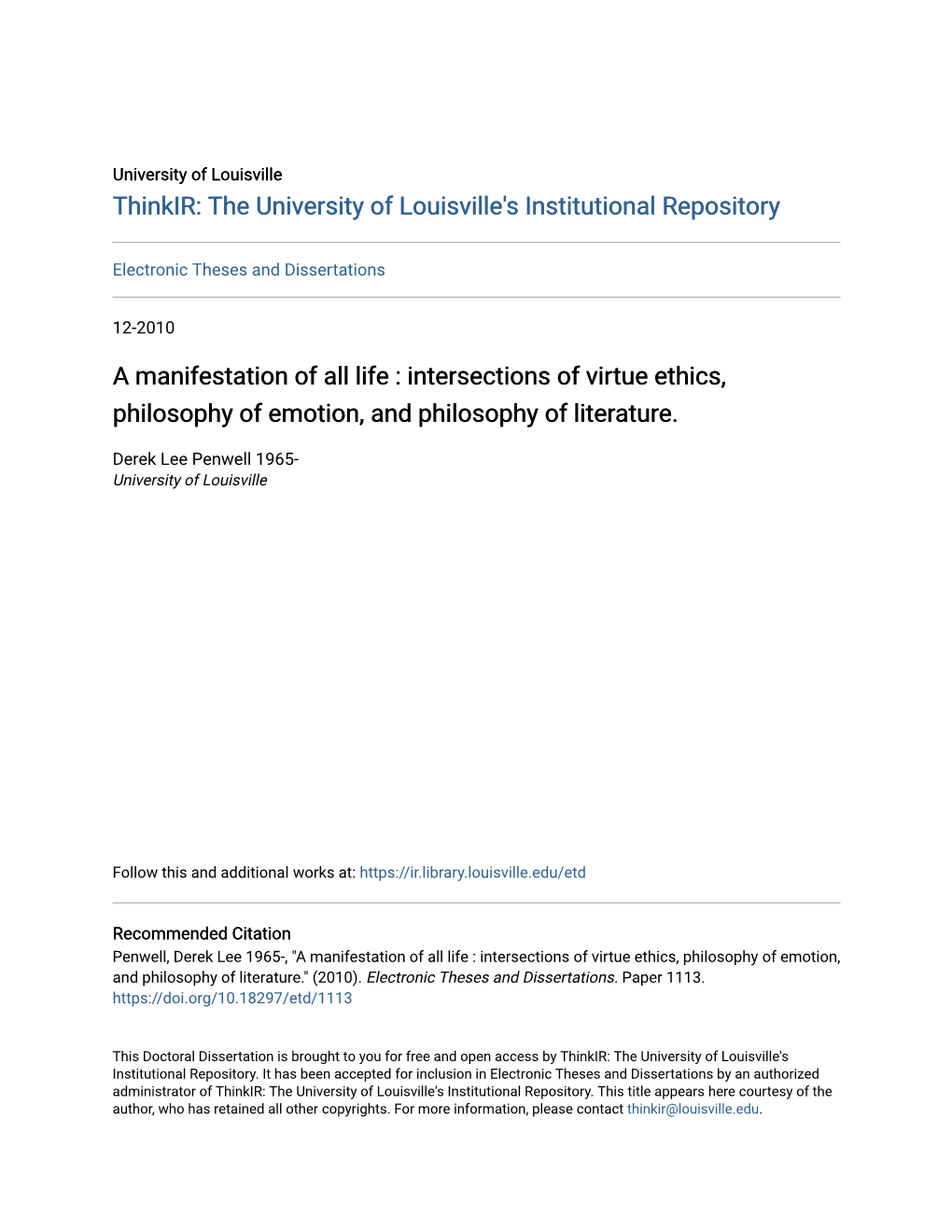 A Manifestation of All Life : Intersections of Virtue Ethics, Philosophy of Emotion, and Philosophy of Literature