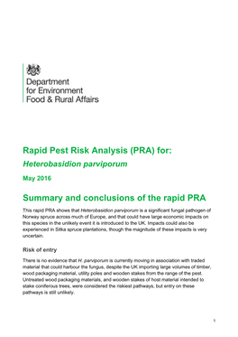Rapid Pest Risk Analysis (PRA) For: Heterobasidion Parviporum May