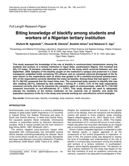 Biting Knowledge of Blackfly Among Students and Workers of a Nigerian Tertiary Institution