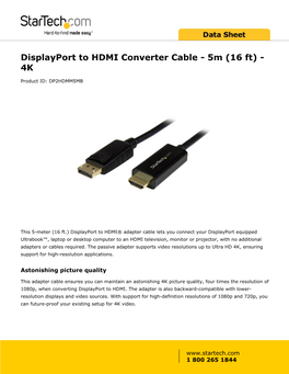 Displayport to HDMI Converter Cable - 5M (16 Ft) - 4K