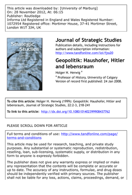 Geopolitik: Haushofer, Hitler and Lebensraum Holger H