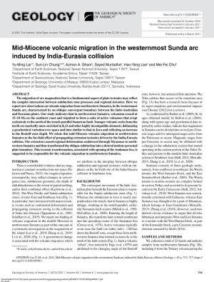 Mid-Miocene Volcanic Migration in the Westernmost Sunda Arc Induced by India-Eurasia Collision Yu-Ming Lai1*, Sun-Lin Chung2,3*, Azman A