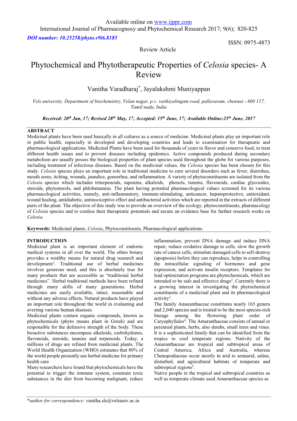 Phytochemical and Phytotherapeutic Properties of Celosia Species- a Review