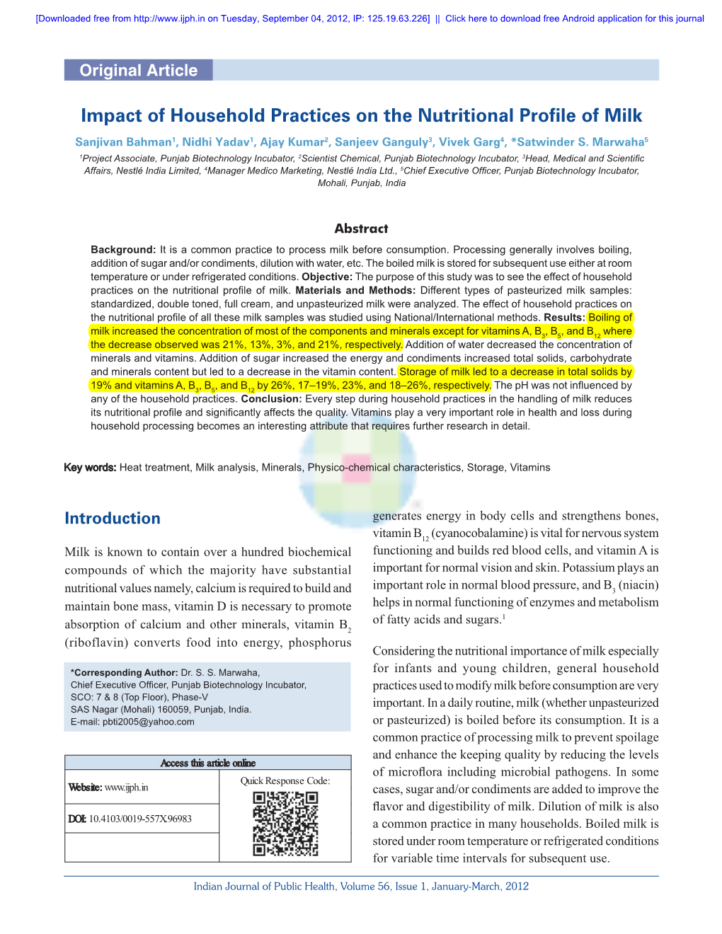 Impact of Household Practices on the Nutritional Profile of Milk Sanjivan Bahman1, Nidhi Yadav1, Ajay Kumar2, Sanjeev Ganguly3, Vivek Garg4, *Satwinder S