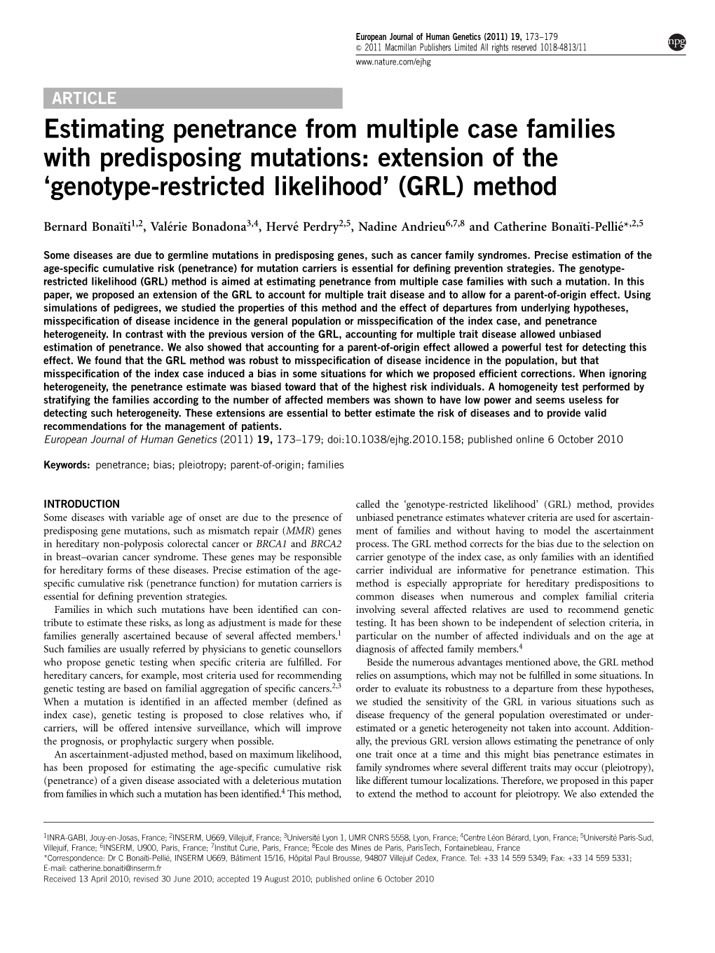 Estimating Penetrance from Multiple Case Families with Predisposing Mutations: Extension of the ‘Genotype-Restricted Likelihood’ (GRL) Method