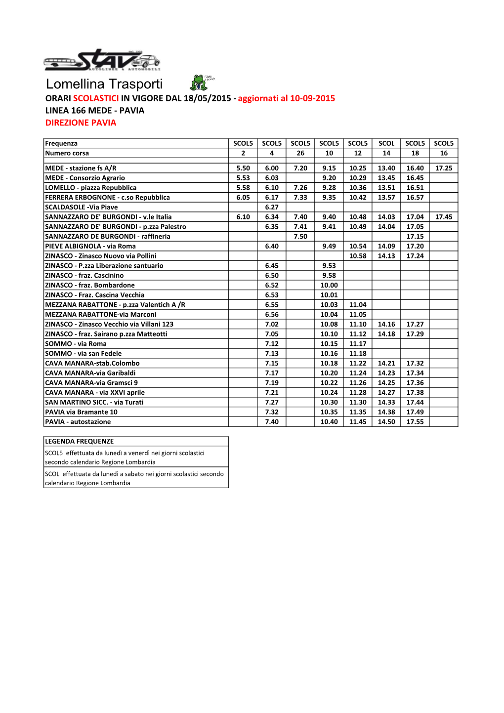 Lomellina Trasporti ORARI SCOLASTICI in VIGORE DAL 18/05/2015 - Aggiornati Al 10-09-2015 LINEA 166 MEDE - PAVIA DIREZIONE PAVIA