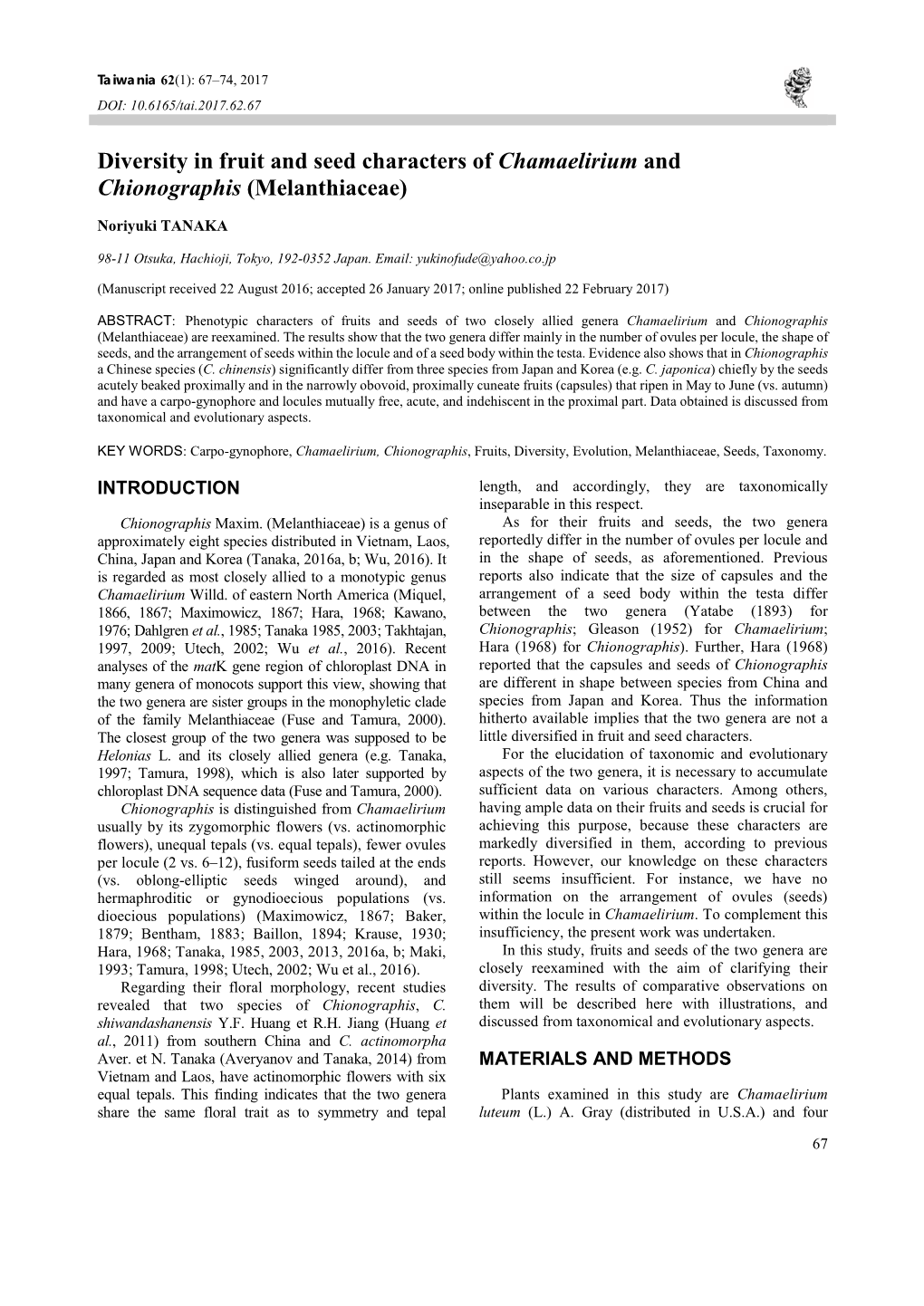 Diversity in Fruit and Seed Characters of Chamaelirium and Chionographis (Melanthiaceae)