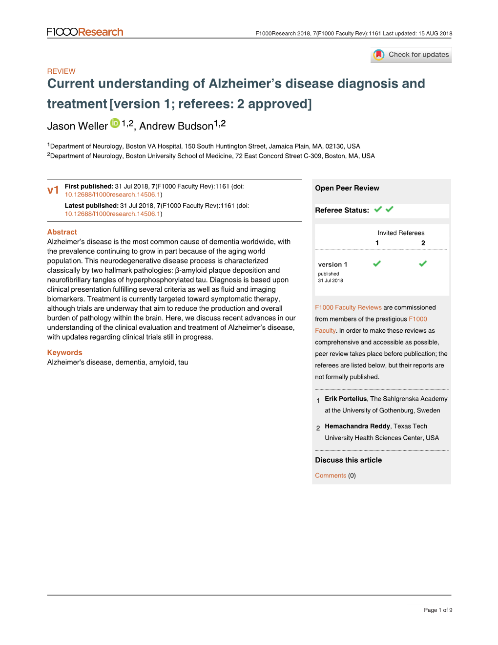 Current Understanding of Alzheimer's Disease Diagnosis and Treatment