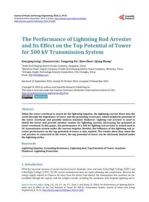 The Performance of Lightning Rod Arrester and Its Effect on the Top Potential of Tower for 500 Kv Transmission System
