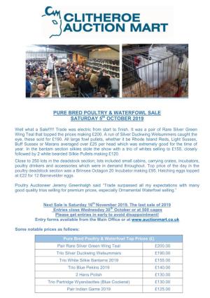 Pure Bred Poultry & Waterfowl Sale Saturday 5 October 2019