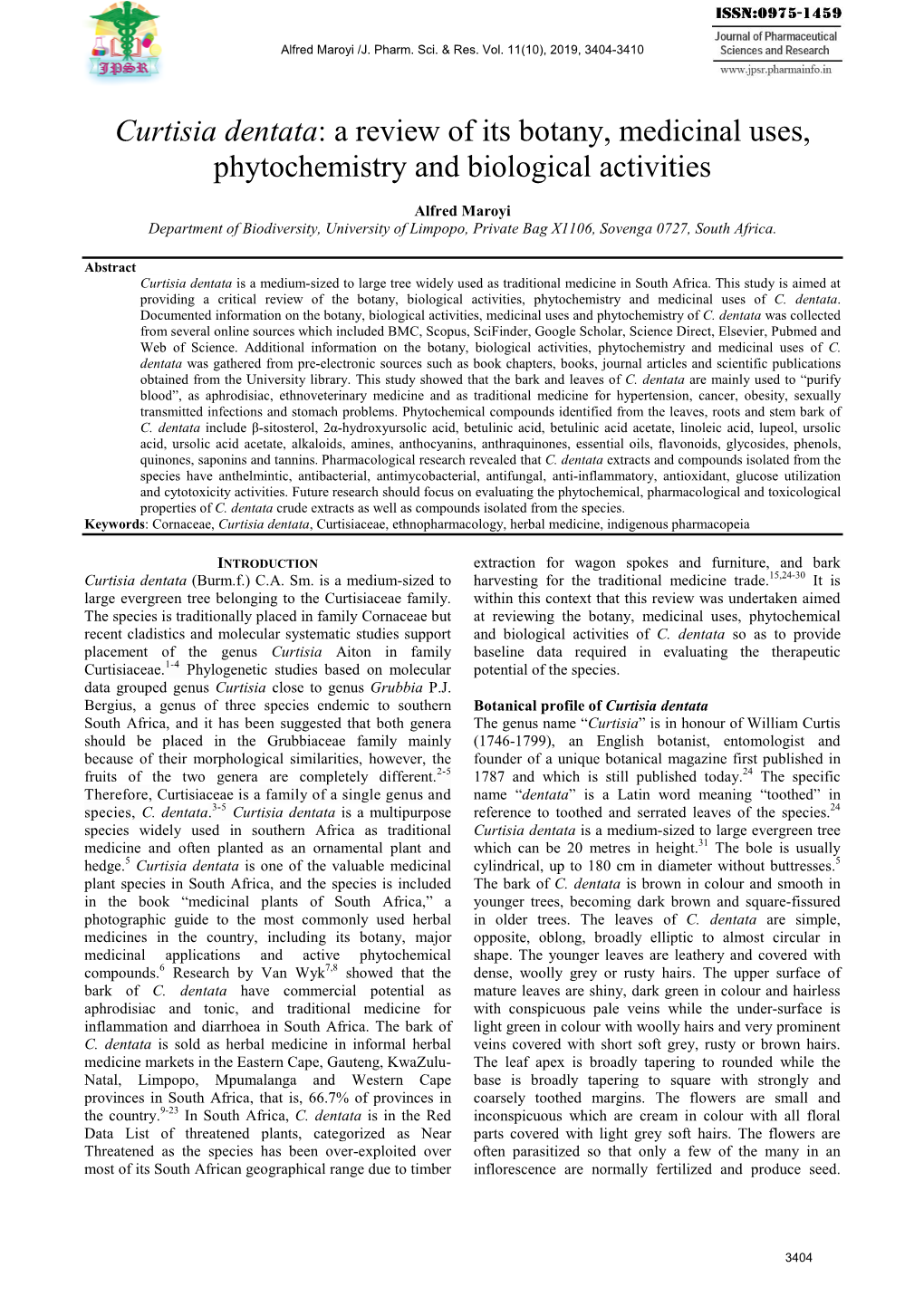 Curtisia Dentata: a Review of Its Botany, Medicinal Uses, Phytochemistry and Biological Activities