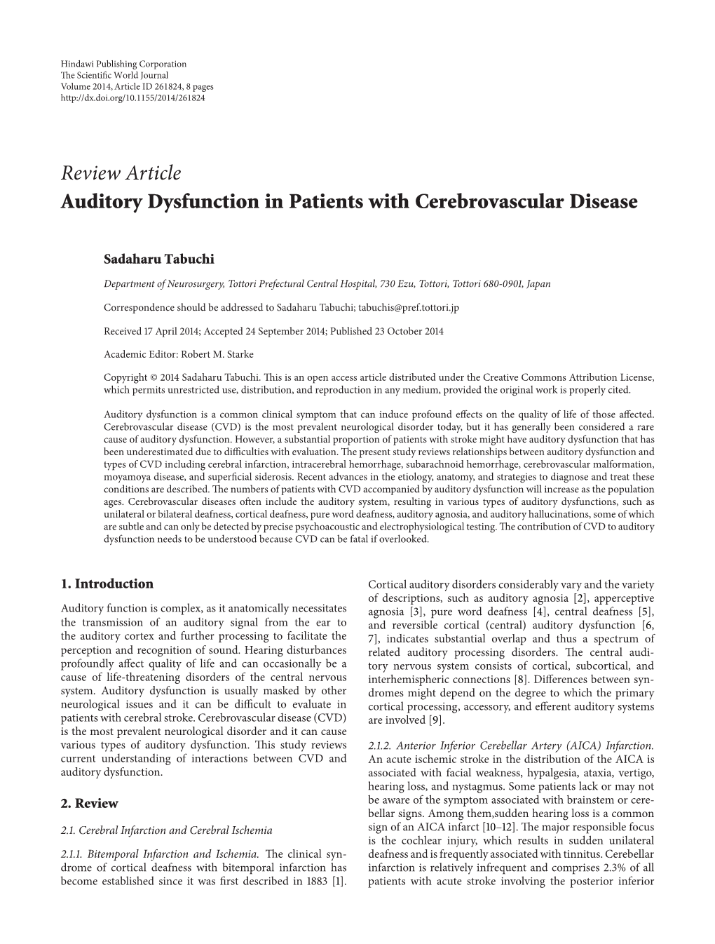 Review Article Auditory Dysfunction in Patients with Cerebrovascular Disease