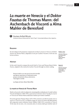 La Muerte En Venecia Y El Doktor Faustus De Thomas Mann: Del Aschenbach De Visconti a Alma Mahler De Beresford