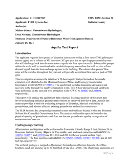 Aquifer Test Report Introduction Hydrogeologic Setting