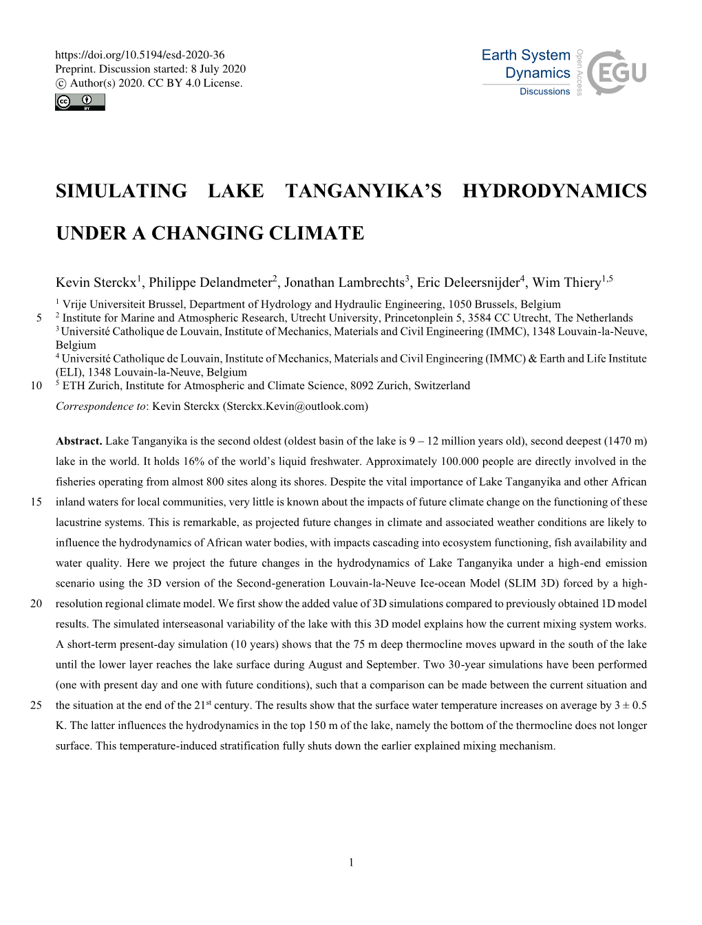 Simulating Lake Tanganyika's Hydrodynamics Under A