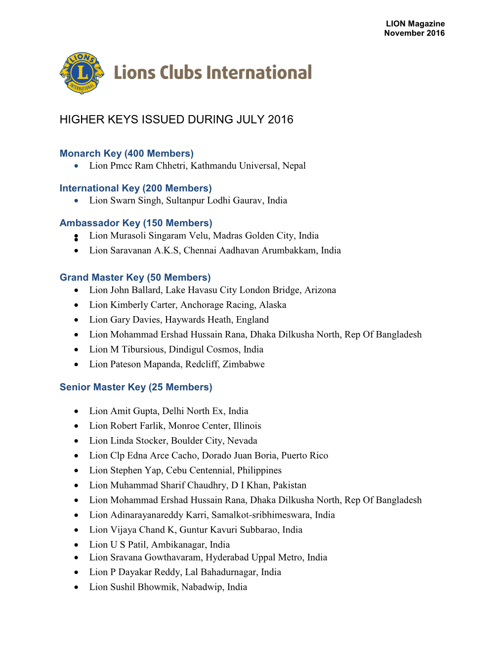 Higher Keys Issued During July 2016