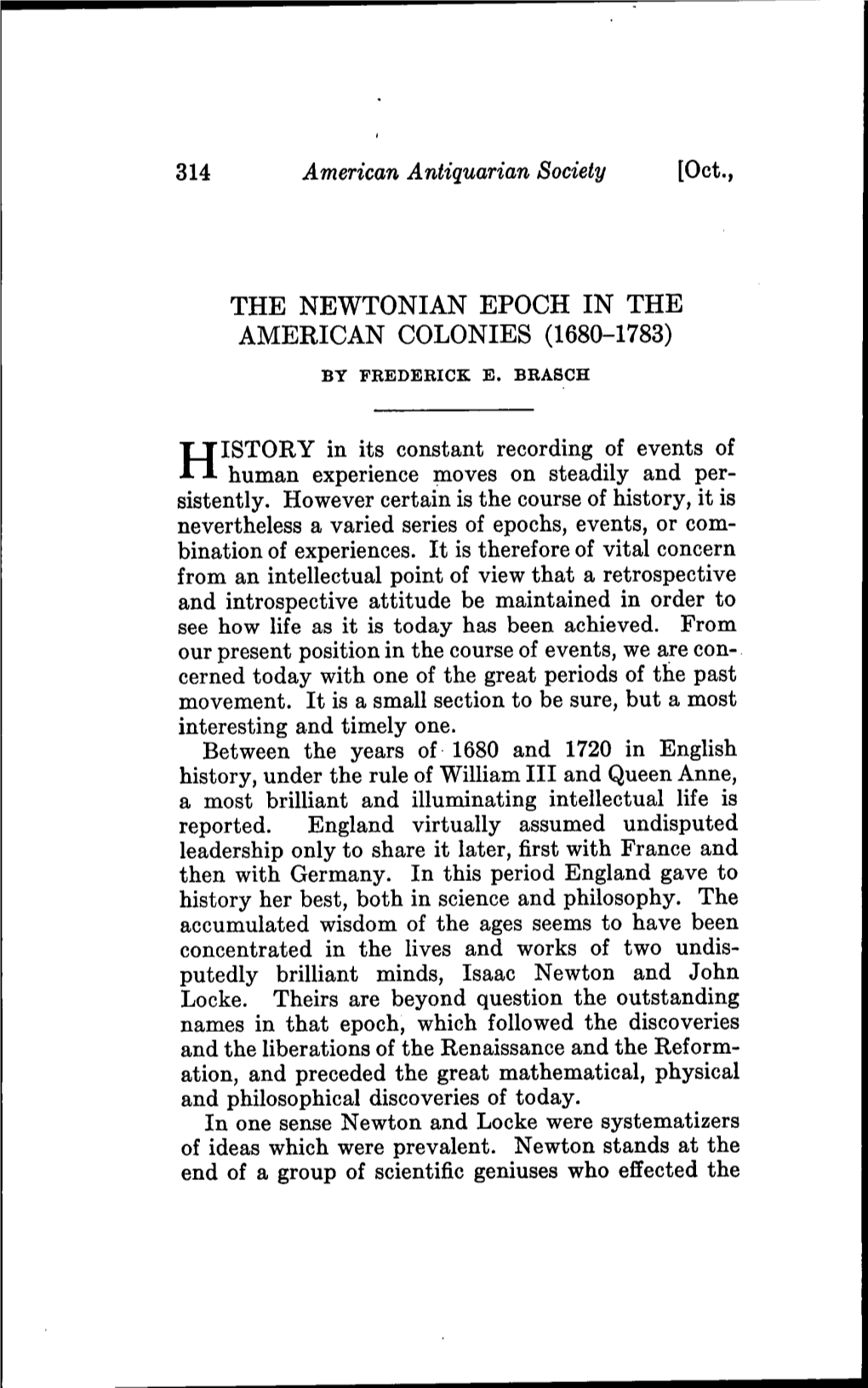 The Newtonian Epoch in the American Colonies (1680-1783) by Fkedeeick E