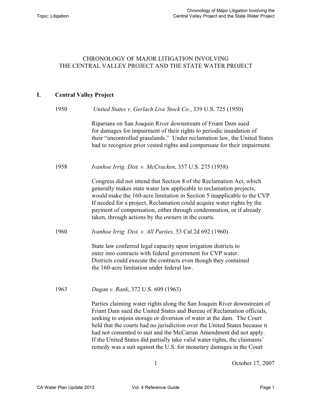 Chronology of Major Litigation Involving the Central Valley Project and the State Water Project