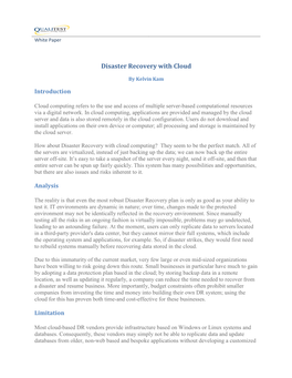 Disaster Recovery with Cloud