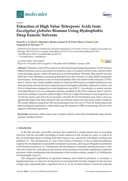 Extraction of High Value Triterpenic Acids from Eucalyptus Globulus Biomass Using Hydrophobic Deep Eutectic Solvents