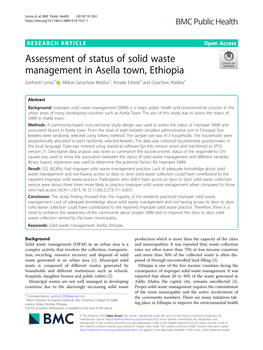 Assessment of Status of Solid Waste Management in Asella Town, Ethiopia Gorfnesh Lema1* , Million Getachew Mesfun2, Amade Eshete3 and Gizachew Abdeta3
