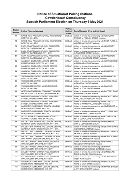 Notice of Situation of Polling Stations Cowdenbeath Constituency Scottish Parliament Election on Thursday 6 May 2021