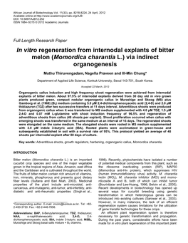 In Vitro Regeneration from Internodal Explants of Bitter Melon (Momordica Charantia L.) Via Indirect Organogenesis