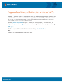 Supported and Compatible Compilers – Release 2020A