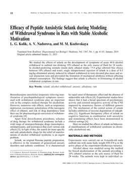 Efficacy of Peptide Anxiolytic Selank During Modeling of Withdrawal Syndrome in Rats with Stable Alcoholic Motivation