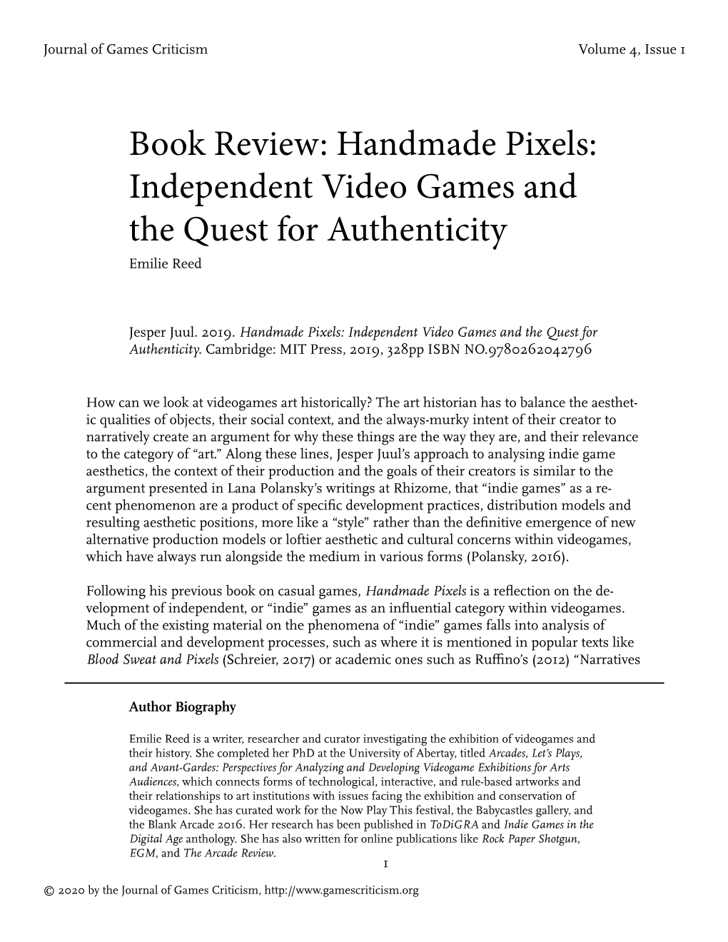 Handmade Pixels: Independent Video Games and the Quest for Authenticity
