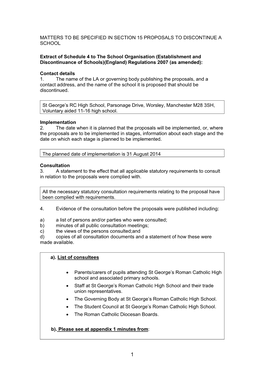 Matters to Be Specified in Section 15 Proposals to Discontinue a School