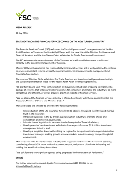 FSC Statement on the New Turnbull Ministry