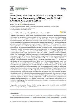 Levels and Correlates of Physical Activity in Rural Ingwavuma Community, Umkhanyakude District, Kwazulu-Natal, South Africa