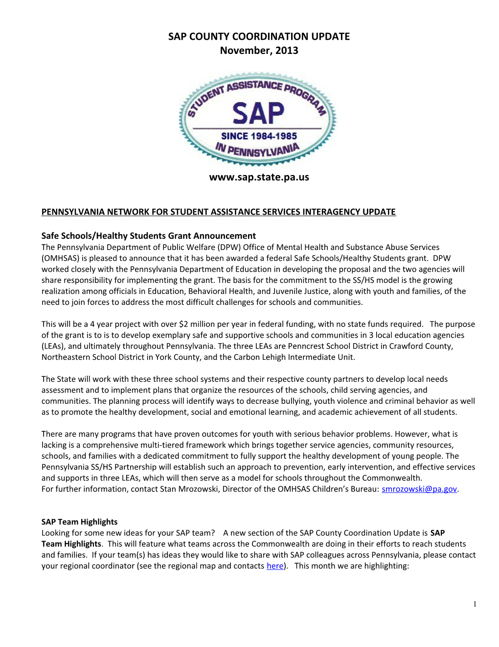 Sap County Coordination Update s1