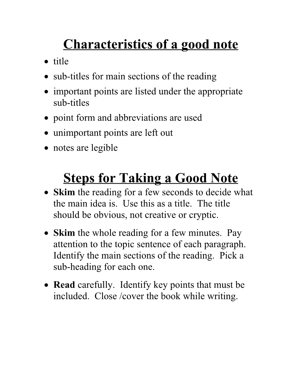 Characteristics of a Good Note