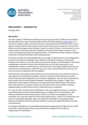 ASA Position — Network Ten 30 August 2017