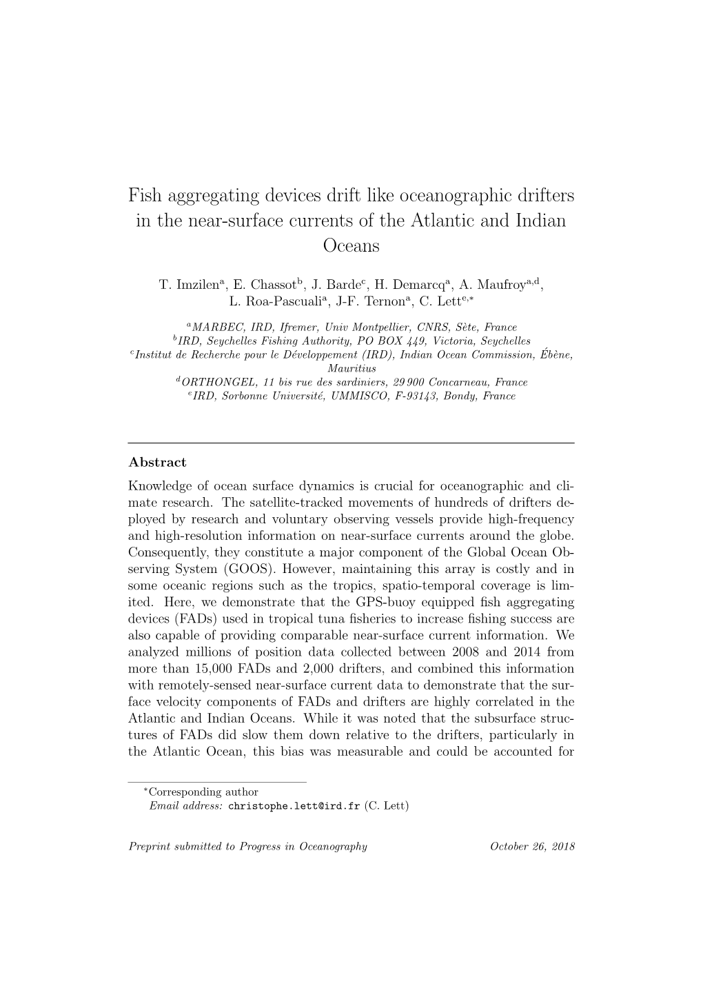 Fish Aggregating Devices Drift Like Oceanographic Drifters in the Near-Surface Currents of the Atlantic and Indian Oceans