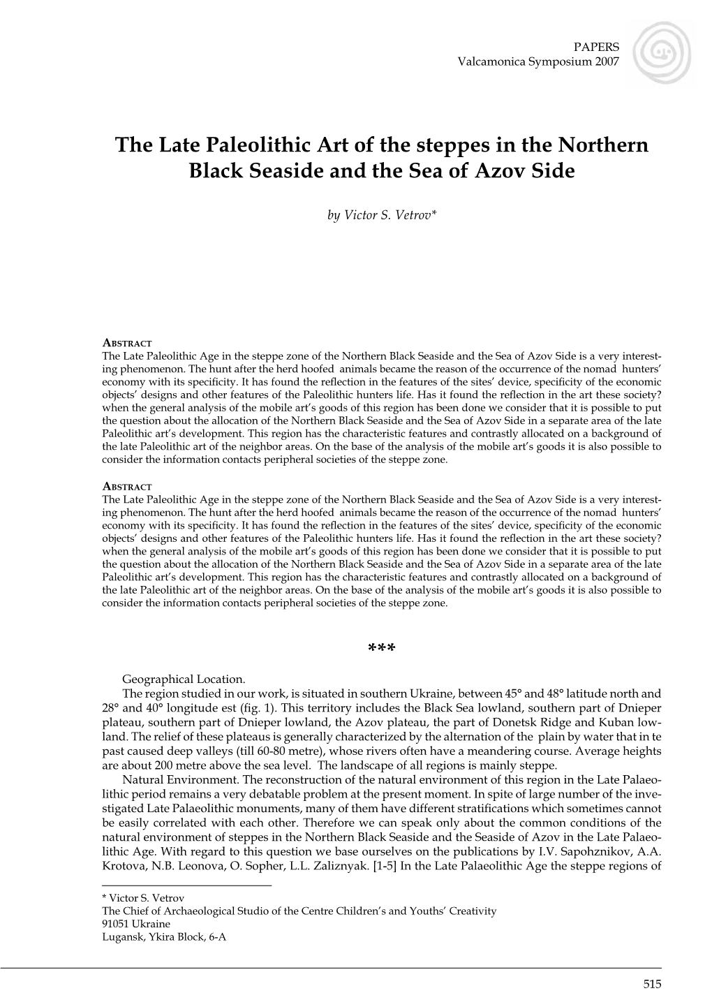 The Late Paleolithic Art of the Steppes in the Northern Black Seaside and the Sea of Azov Side