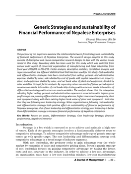 Generic Strategies and Sustainability of Financial Performance of Nepalese Enterprises Dhundi Bhattarai (Ph D) Lecturer, Nepal Commerce Campus
