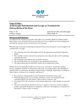 Arthroscopic Debridement and Lavage As Treatment for Osteoarthritis of the Knee