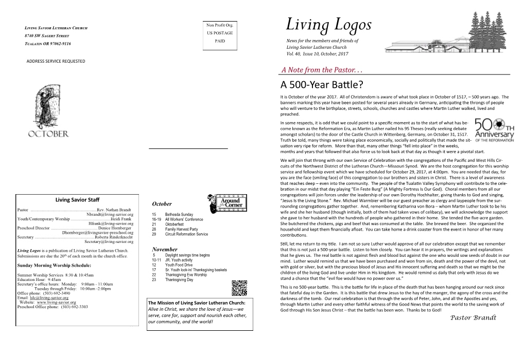 Living Logos 8740 SW Sagert Street PAID News for the Members and Friends of Tualatin OR 97062-9116 Living Savior Lutheran Church