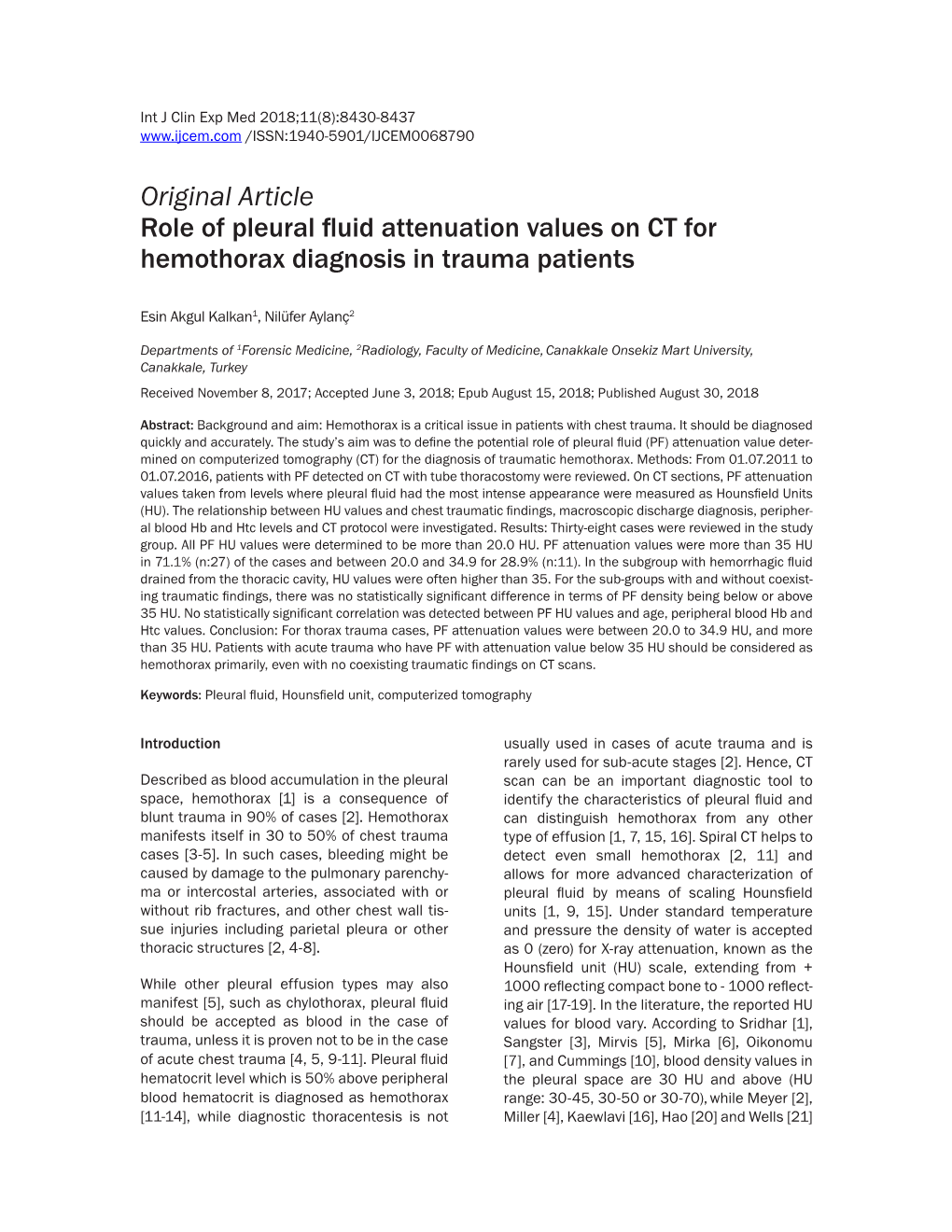 Original Article Role of Pleural Fluid Attenuation Values on CT for Hemothorax Diagnosis in Trauma Patients