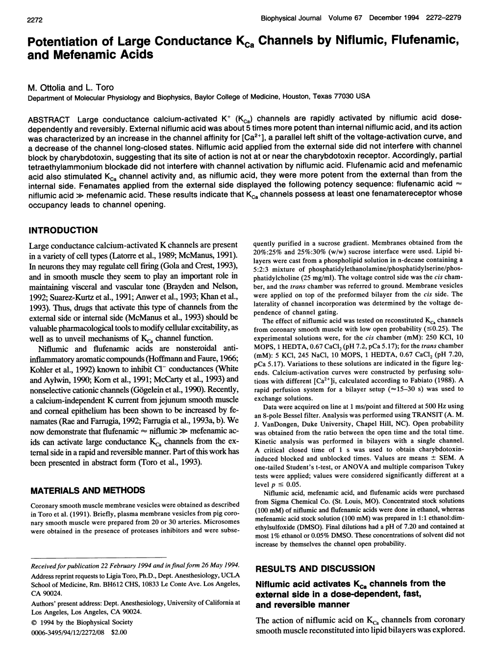 Potentiation of Large Conductance Kca Channels by Niflumic, Flufenamic, and Mefenamic Acids