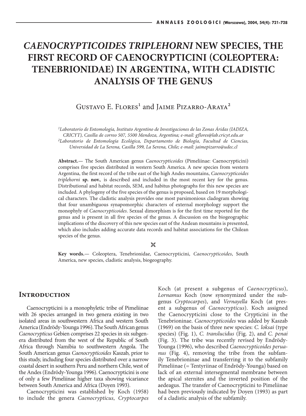Caenocrypticoides Triplehorni New Species, the First Record of Caenocrypticini Coleoptera: Tenebrionidae in Argentina, with Cladistic Analysis of the Genus
